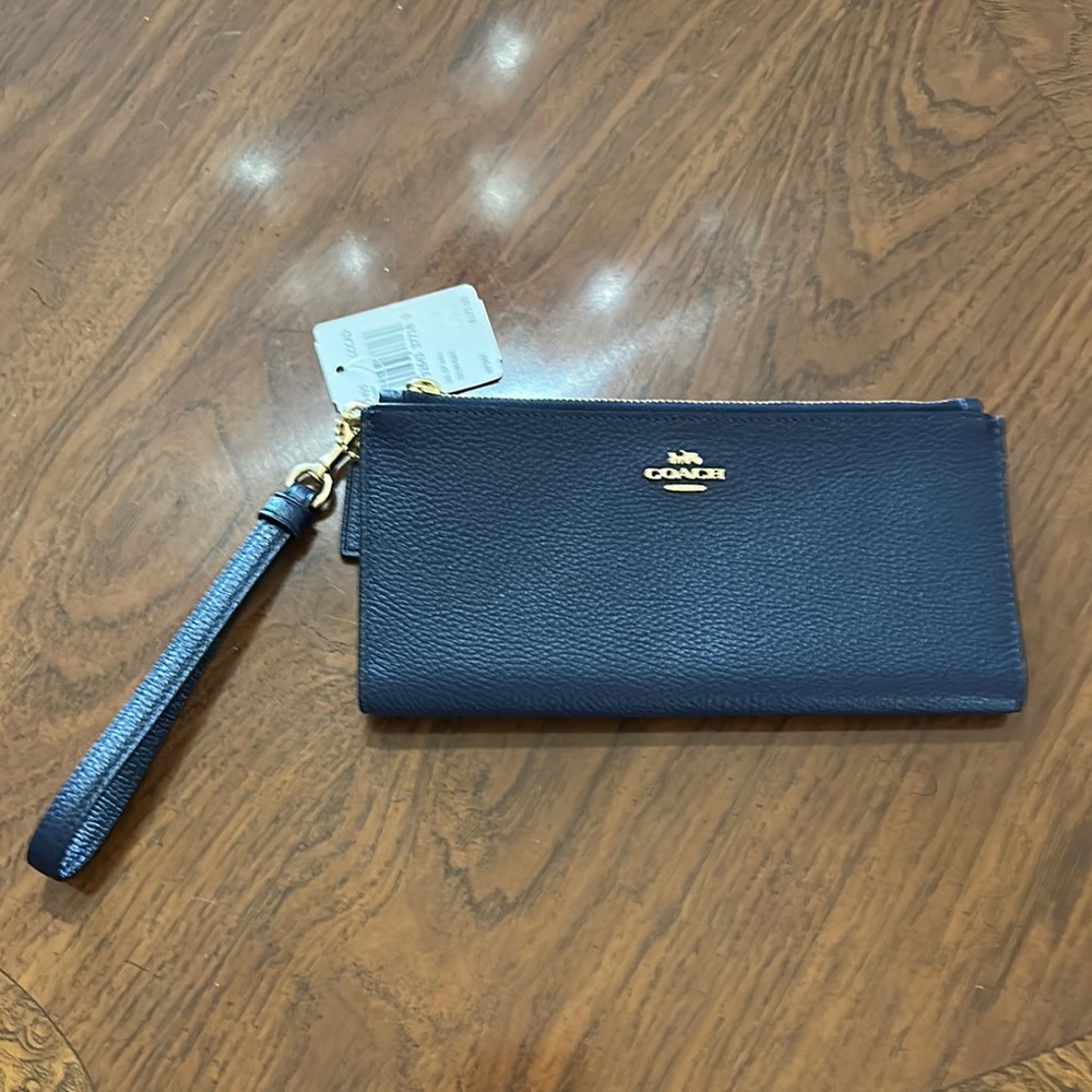 Coach Navy Blue Wristlet with Gold Details